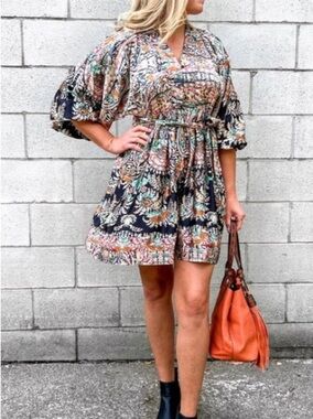 Molly Bracken Boho Paisley Balloon Sleeve Belted Dress Size Medium